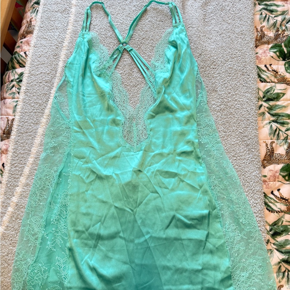 Victoria's Secret Aqua Satin Vintage Teddy Lingerie